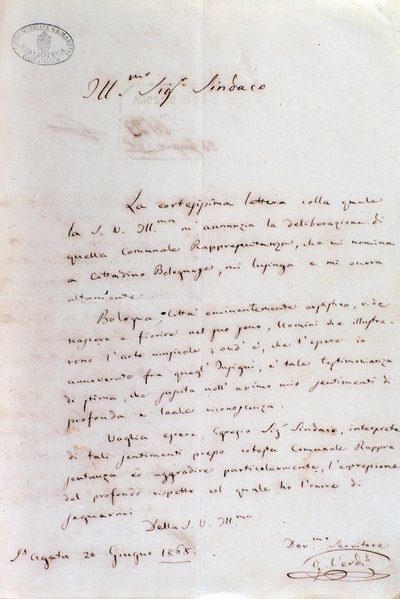 Handgeschreven brief van Giuseppe Verdi aan de burgemeester van Bologna toen hij ereburger werd, 20 juni door Giuseppe Verdi