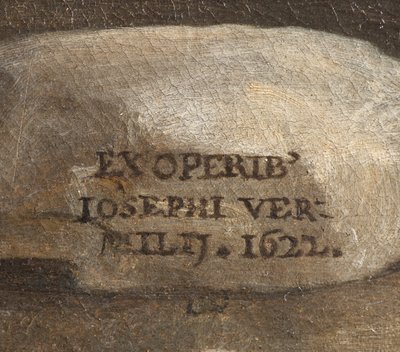 Handtekening van de Kunstenaar, Geboorte van Christus (detail) door Giuseppe Vermiglio