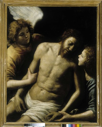 De dode Christus ondersteund door twee engelen door Giuseppe Vermiglio