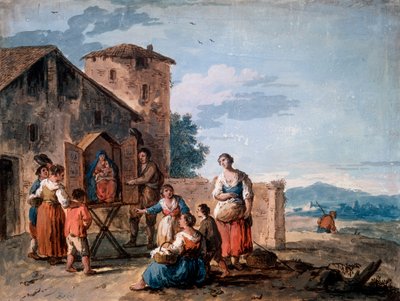 Een groep boeren voor het tabernakel met het staande Madonna-beeld, ca. 1750 door Giuseppe Zais