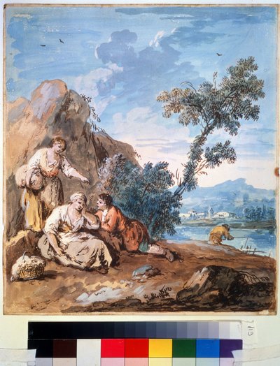 Drie boeren rustend aan de oever van een rivier door Giuseppe Zais