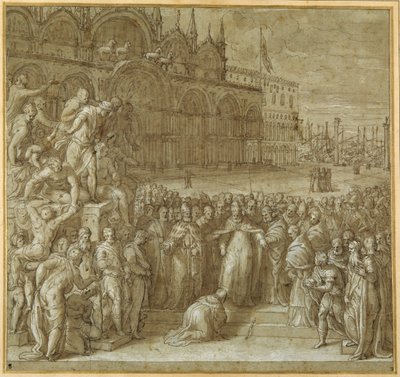 De verzoening tussen paus Alexander III en Frederik Barbarossa, in aanwezigheid van doge Sebastiano Ziani door Giuseppe della Porta Salviati