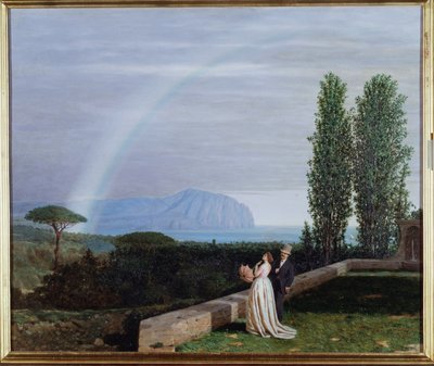 Landschap bij Genua, een paar kijkt naar een regenboog door Giuseppe delle Piane