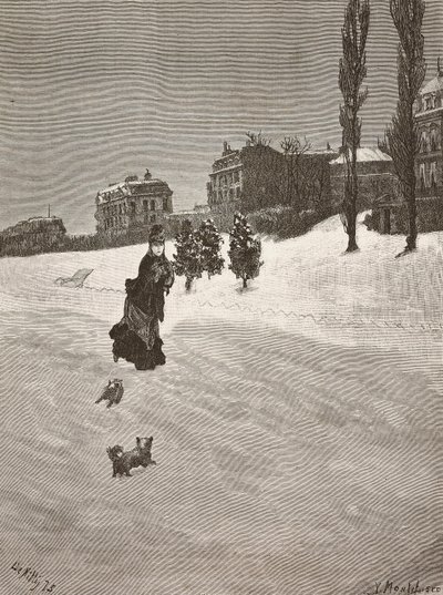 Het is koud!, vrouw loopt in de sneeuw door Giuseppe or Joseph de Nittis
