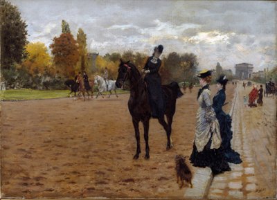 De Amazone Cavaliere in gesprek met wandelaars Avenue Foch in Parijs door Giuseppe or Joseph de Nittis
