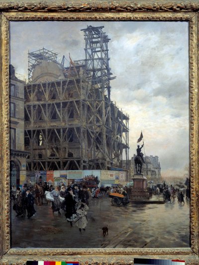 Zicht op Place des Pyramides in Parijs in 1875. Parijzenaars steken het plein over nabij een bouwplaats door Giuseppe or Joseph de Nittis