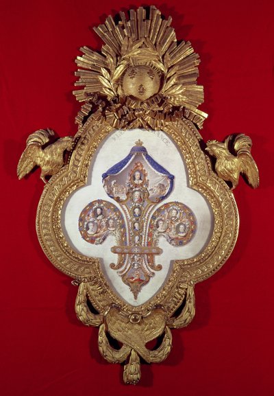 De Fleur de France, genealogische boom met dertien portretten van Lodewijk XV (1710-74) en zijn nakomelingen in een fleur-de-lys gevormde lijst, 1765 (goud en email) door Glokeur de Surchamps