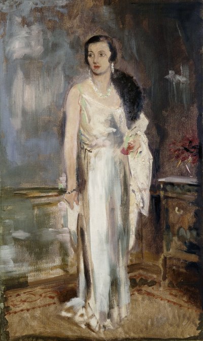 Portret van Loelia, hertogin van Westminster, later Lady Lindsay, klein op volledige lengte, in avondjurk door Glyn Warren Philpot