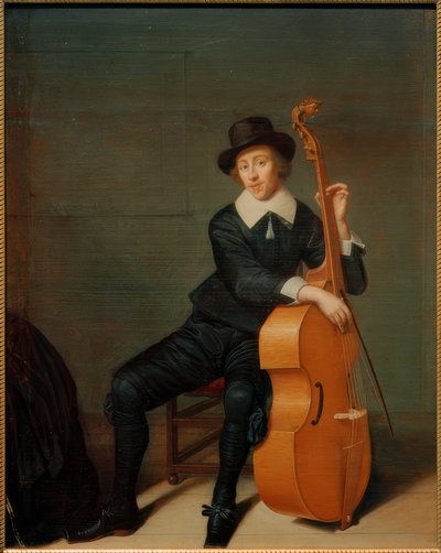 Portret van een zittende muzikant met zijn viola da gamba door Godaert Kamper