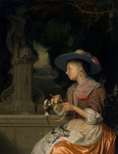 Vrouw die een Bloemenkrans Weeft door Godefridus Schalcken