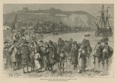 De hugenoten in Engeland: Franse Hugenoten-vluchtelingen landen in Dover in 1685 (gravure) door Godefroy Durand