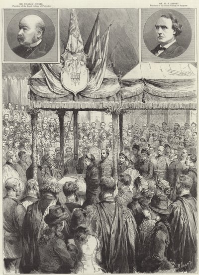 De koningin legt de eerste steen van de nieuwe medische onderzoekshal op de Victoria Embankment (gravure) door Godefroy Durand