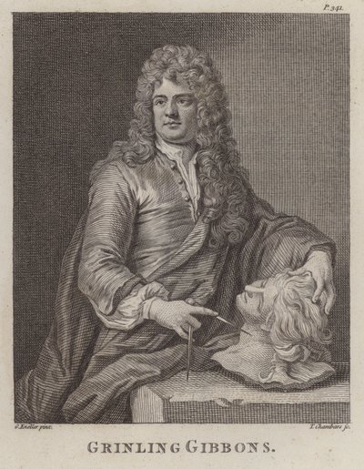 Grinling Gibbons, Engelse houtsnijder en beeldhouwer (gravure) door Godfrey (after) Kneller