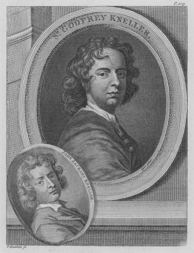 Sir Godfrey Kneller en John Zacharias Kneller, Duitse kunstenaars actief in Engeland (gravure) door Godfrey (after) Kneller