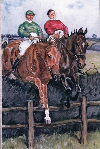 Hoe we de favoriet versloegen: Nek aan nek, uit Gedichten van Adam Lindsay Gordon gepubliceerd door T. N. Foulis, 1912 door Godfrey Douglas Giles