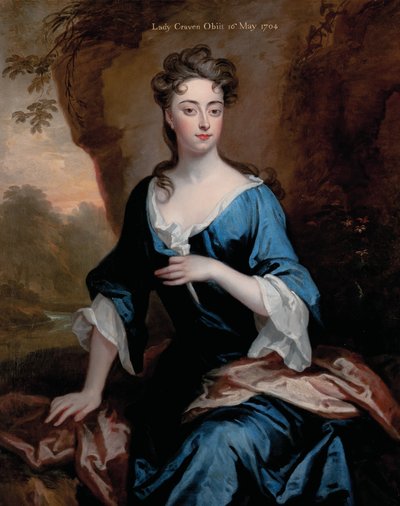 Portret van Elizabeth Skipwith, Lady Craven, ten halven lijve, in een blauwe jurk en rode sjaal, een bebost rivierlandschap daarachter, 1704 door Godfrey Kneller