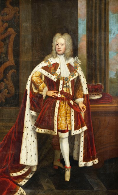 Portret van koning George II als prins van Wales, ten voeten uit, gekleed in staatsgewaden en de kraag van de Orde van de Kousenband, met zijn zwaard in zijn linkerhand en zijn kroon op een tafel naast hem, in een interieur door Godfrey Kneller