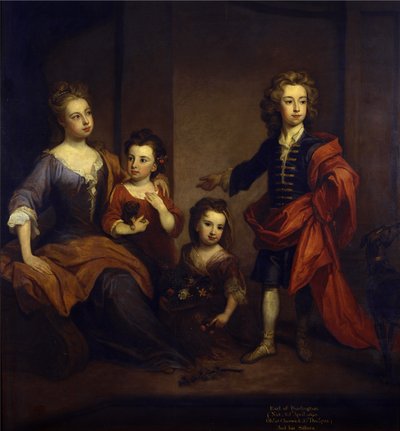 Portret van Richard Boyle, 3e Graaf van Burlington, met zijn drie zusters, Elizabeth, Juliana en Jane Boyle, ca. 1700 door Godfrey Kneller