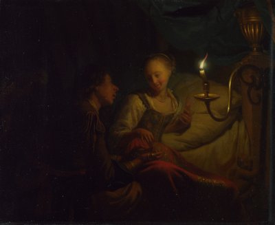 Een kaarslichtscène. Een man biedt een gouden ketting en munten aan een meisje op een bed, ca. 1665-1667 door Godfried Cornelisz Schalcken