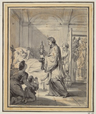 Man op zijn sterfbed met priester en anderen door Godfried Maes