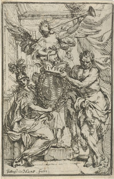 Minerva, Hercules en Faam met wapenschild door Godfried Maes