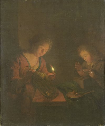 Vuur en Licht (Een Meisje Plaatst een Kaars in een Lantaarn en een Jongen Blaast op de Kolen in een Stoof) door Godfried Schalcken (attributed to)