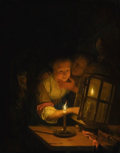 Een amoureus stel betrapt bij het aansteken van een lantaarn door Godfried Schalcken