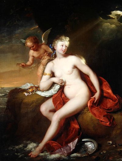 Pasgeboren Venus verzorgd door Cupido door Godfried Schalcken