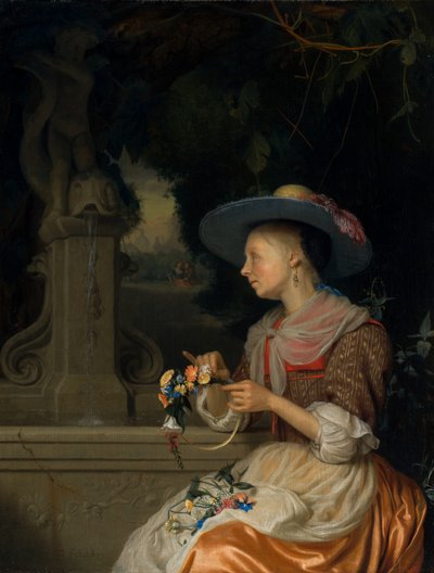 Vrouw die een bloemenkrans vlecht, ca. 1675-1680 door Godfried Schalcken