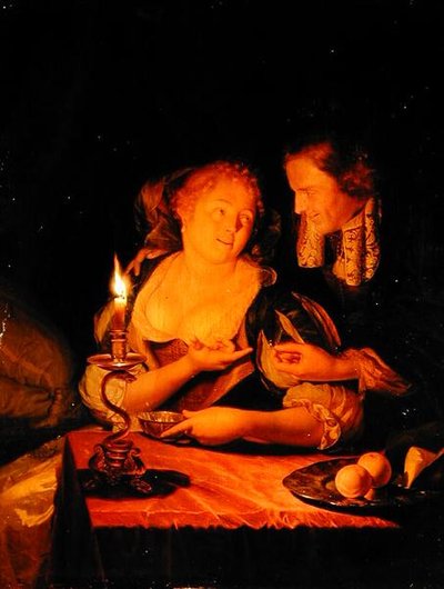 Een heer biedt een dame een ring aan door Godfried Schalcken
