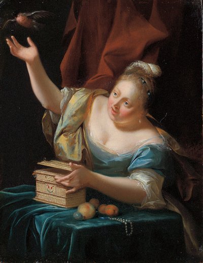 Een vrouw, zittend aan een tafel in fantasiekostuum, die een zangvogel uit zijn kooi bevrijdt door Godfried Schalcken
