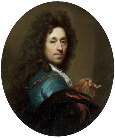 Portret van de kunstenaar in een blauwe jas en bruine fluwelen cape, met een medaillon van de keurvorst Palts, Johann Wilhelm door Godfried Schalcken