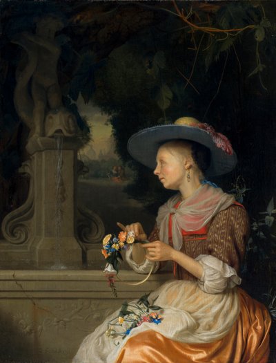 Vrouw die een bloemenkrans vlecht door Godfried Schalcken