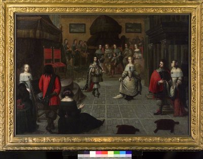 Karel II van Engeland (1630-1685) danst in Den Haag (Nederland), mei 1660, waarschijnlijk met zijn nicht Elizabeth van de Palts (1616-1680), voor de ceremonie gehouden om zijn titel van Koning van Engeland te herstellen door Gonzales Coques