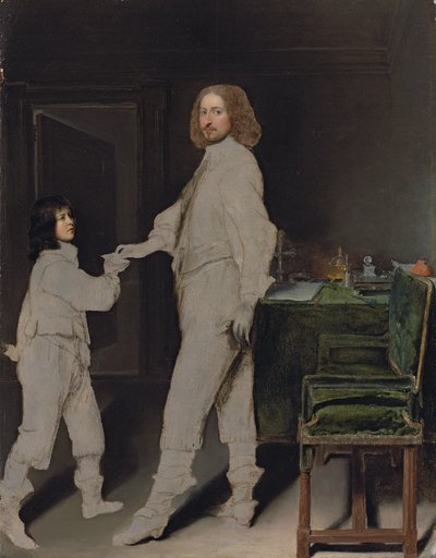 Portret van een man, op volledige lengte, die een brief aan een jongen overhandigt, in een interieur door Gonzales Coques