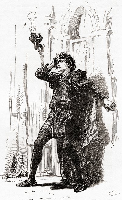 Een scène uit William Shakespeares toneelstuk Hamlet, Act I, Scene 5 door Gordon Frederick Browne
