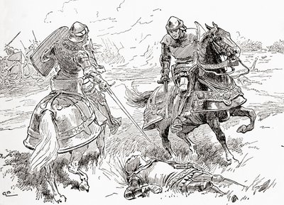 Een scène uit William Shakespeares toneelstuk Henry IV, Deel 1, Act V, Scene 3, Graaf van Douglas: Alles is gedaan, alles is gewonnen, hier ligt de koning ademloos, uit De Werken van William Shakespeare, gepubliceerd 1896 door Gordon Frederick Browne