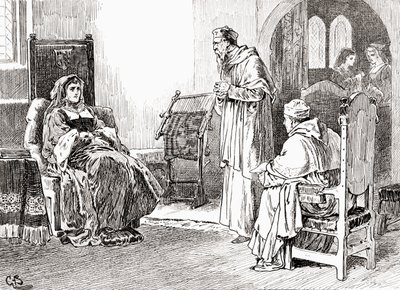 Een scène uit William Shakespeares toneelstuk King Henry VIII, Act III, Scene 1 door Gordon Frederick Browne