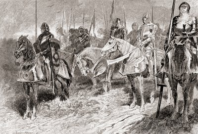 Een scène uit William Shakespeares toneelstuk Henry V, Act IV, Scene 2, Lord Grandpré: De ruiters zitten als vaste kandelaars met fakkelstaven in hun hand, uit De Werken van William Shakespeare, gepubliceerd 1896 door Gordon Frederick Browne