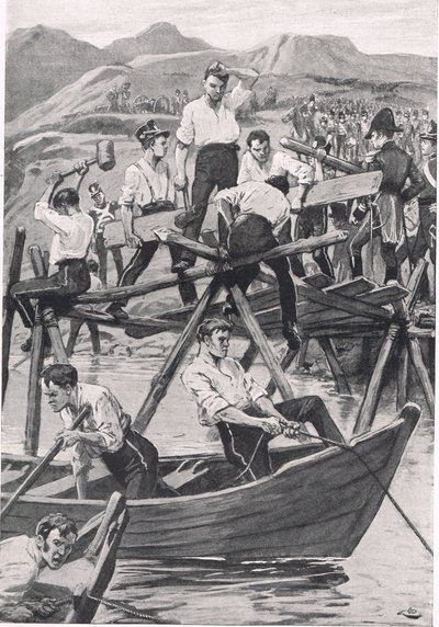 De bouw van de brug over de Guadiana, 3 april 1811, illustratie uit 