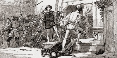 Tybalt gedood door Romeo, scène uit William Shakespeares Romeo en Julia, Act III, Scene 1, uit De Werken van William Shakespeare, gepubliceerd 1896 door Gordon Frederick Browne