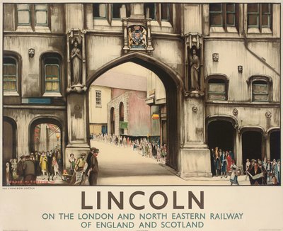 Een poster van de London and North Eastern Railway die treinreizen naar Lincoln adverteert door Gordon Mitchell Forsyth