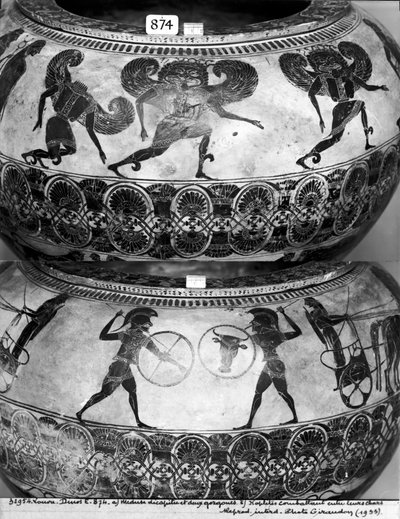Dinos met (boven) Medusa onthoofd (onder) en Hoplieten die vechten, c.580 v.Chr. door Gorgon Painter