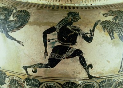Perseus die vlucht voor de Gorgonen, detail van een Attische zwartfigurige dinos, Grieks, ca. 590 v.Chr. door Gorgon Painter