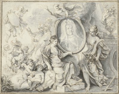Mansportret in medaillon omgeven door allegorische figuren door Gottfried Eichler (II)