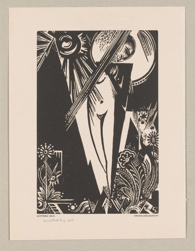Staande vrouw, zon, maan en bloemen door Gottfried Graf