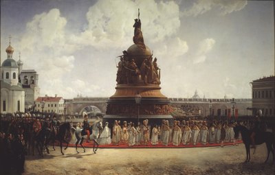 De Wijding van het Monument voor het Millennium van Rusland in Novgorod in 1862, 1864 door Gottfried Willewalde