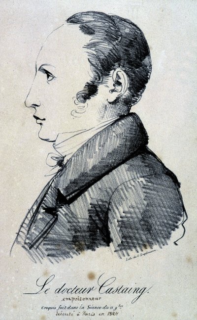 Portret van Dr. Castaing, vergiftiger. Hij gebruikte morfinezout, hydrochloride om zijn vriend Hippolyte Ballet in 1823 te doden. Hij werd geëxecuteerd in Parijs in 1824. Lithografie door Engelmann naar een schets gemaakt tijdens de sessie van 11 november. door Gottfried or Godefroy Engelmann