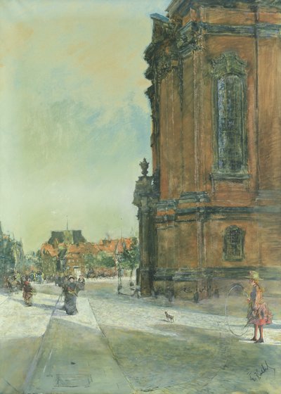 Straatscène bij de St. Michaelskerk in Hamburg door Gotthardt Johann Kuehl