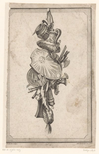 Trofee met vazen en schild door Gottlieb Friedrich Riedel